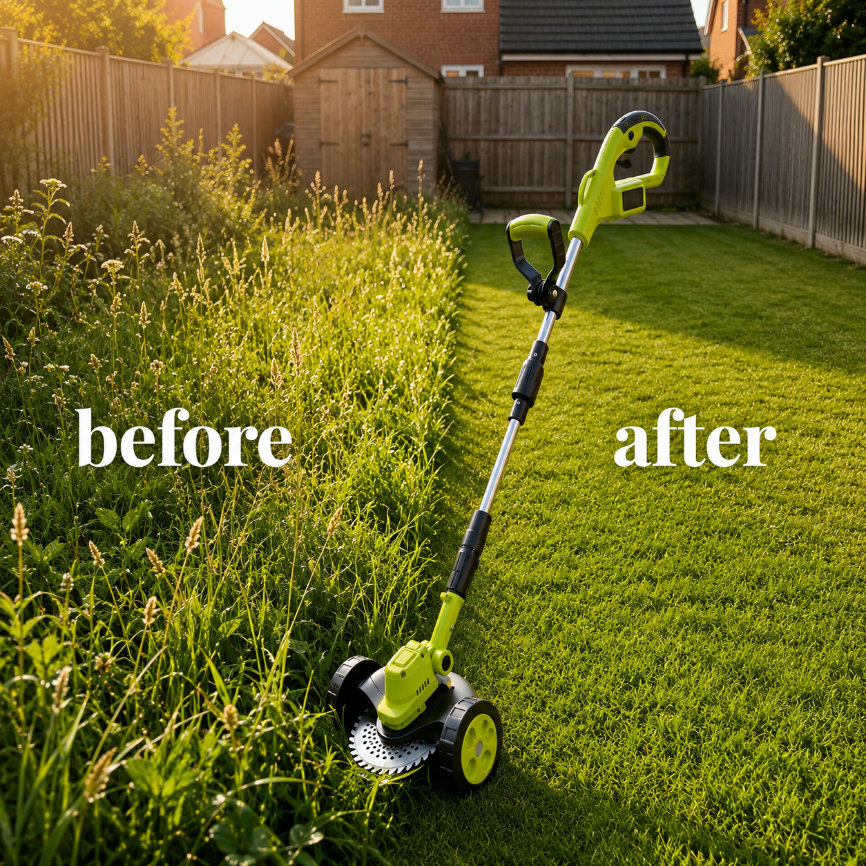 Cordless grass trimmer being used around a yard edge