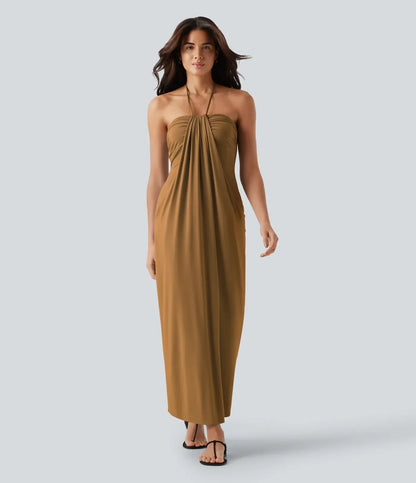 Trovehand Hourglass Bodycon Halter Tie Maxi Dress with Pockets