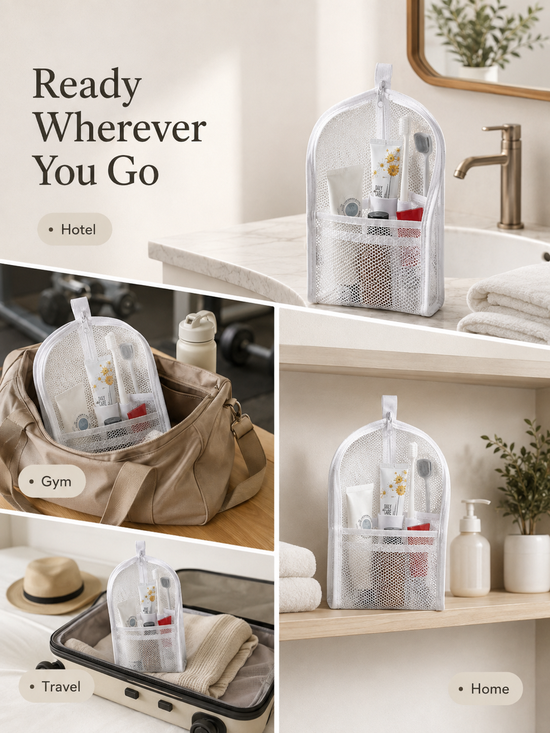 Toiletry pouch use cases for hotel gym travel and home