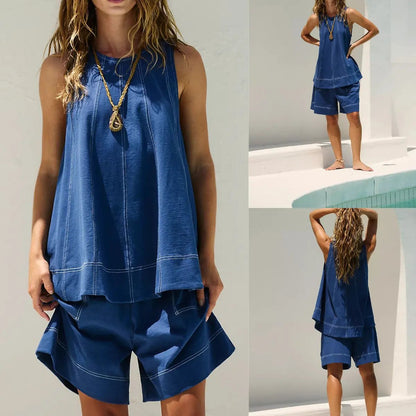 Women's 2 Piece Outfits Sleeveless Matching Sets A Line Tank Tops Contrast Stitching High Waist Shorts with Pockets, 2 Piece Sets, Women 2 Piece Sets,summerwins