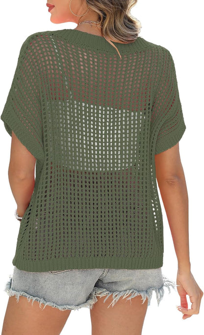 Short Sleeve Casual Crochet Knit Tops – Lightweight Summer Knit Crop Top（Buy 2 Free Shipping）