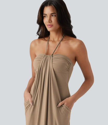 Trovehand Hourglass Bodycon Halter Tie Maxi Dress with Pockets