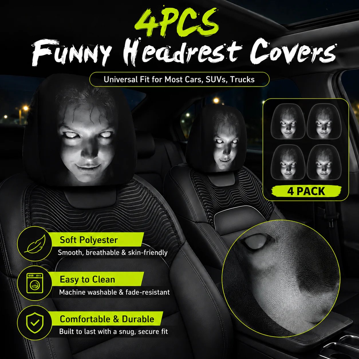 😆 Funny Cartoon Car Headrest Covers – 2PCS Universal Fit 🚗