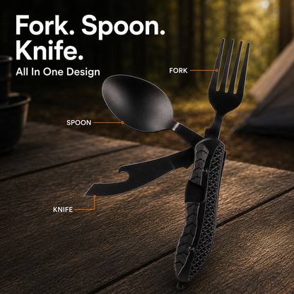 🏕️ 3-in-1 Folding Camping Utensil – Compact Fork, Spoon & Knife