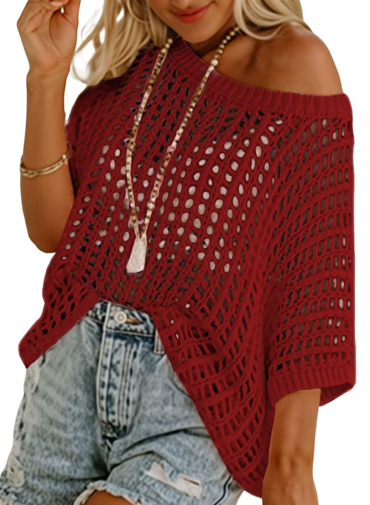 Short Sleeve Casual Crochet Knit Tops – Lightweight Summer Knit Crop Top（Buy 2 Free Shipping）