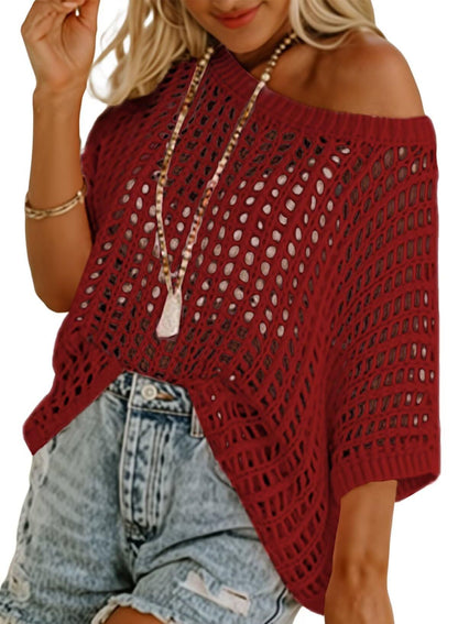 Short Sleeve Casual Crochet Knit Tops – Lightweight Summer Knit Crop Top（Buy 2 Free Shipping）