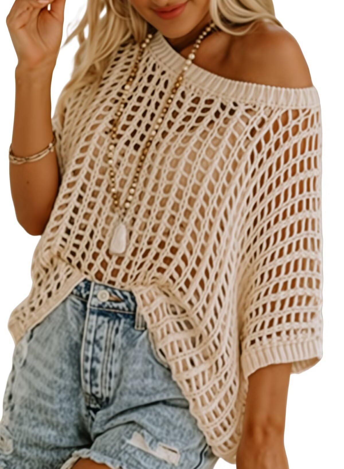 Short Sleeve Casual Crochet Knit Tops – Lightweight Summer Knit Crop Top（Buy 2 Free Shipping）
