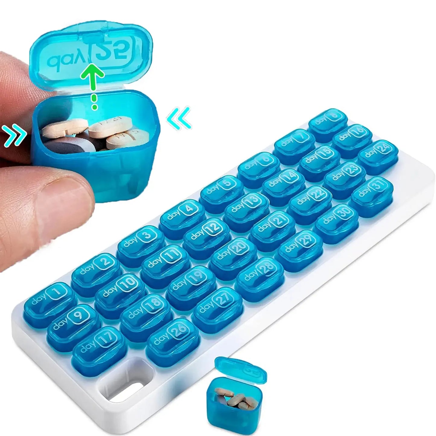 🔥✨31-Day Monthly Pill Box: Easy-Open Lids, Removable Pods, Date Reminder, Travel Case