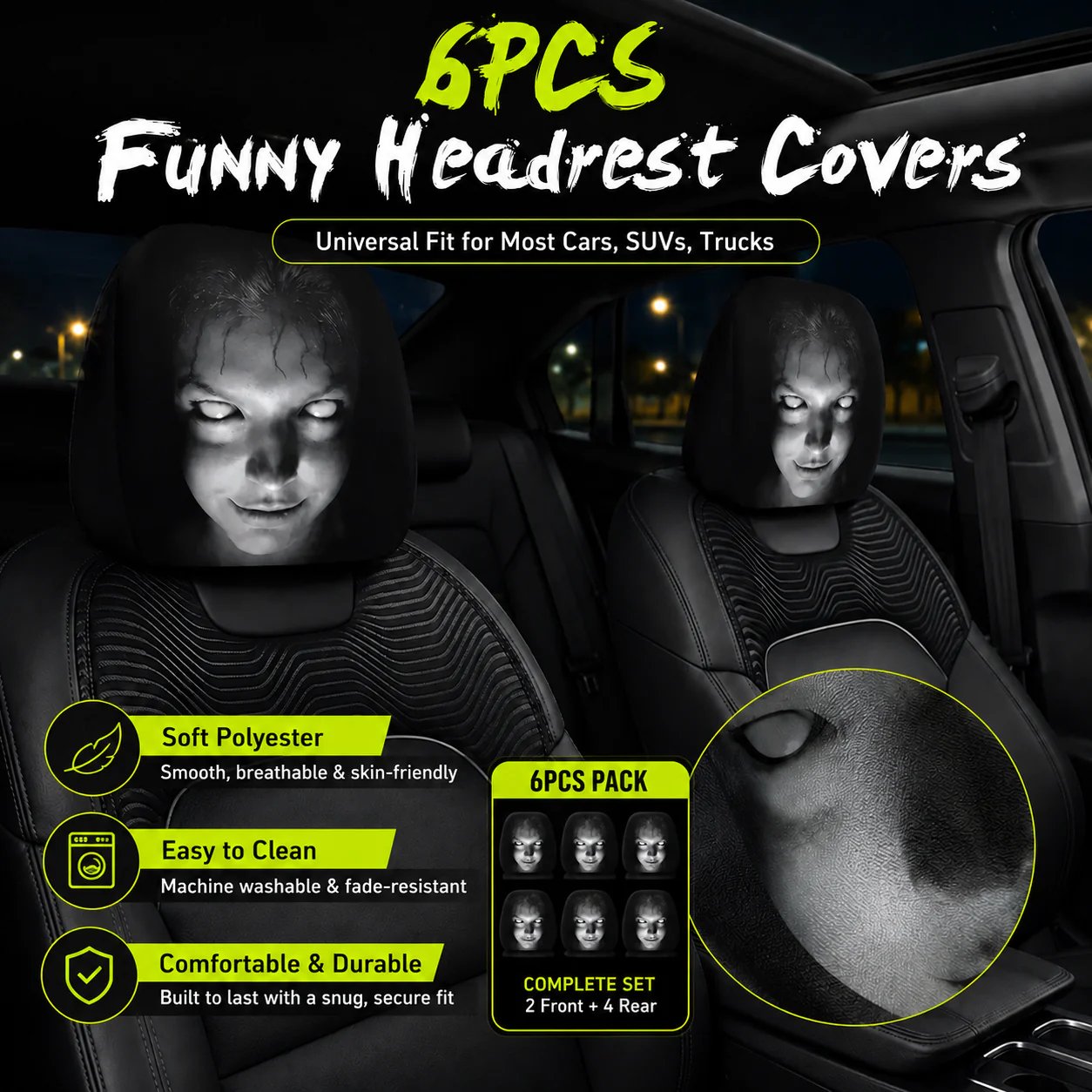 😆 Funny Cartoon Car Headrest Covers – 2PCS Universal Fit 🚗