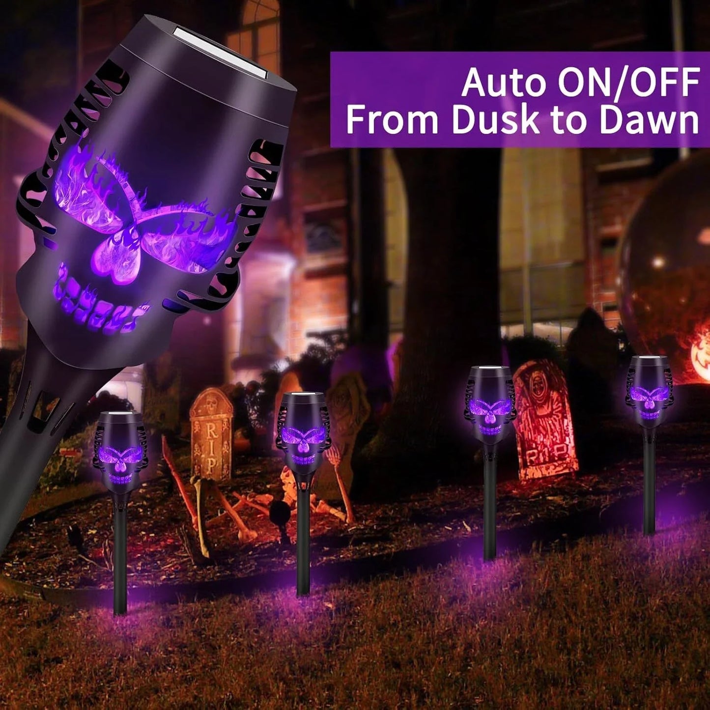 💀🔥Halloween Early Bird Special Sale 49% OFF-Halloween Skulls Solar Pathway Lights Purple Torch Flame Lights for Garden