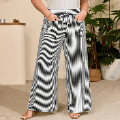 Womens Plus Size Wide Leg Pants Elastic High Waist Striped Casual Palazzo Pants Lounge Trouser with Pockets (1X-5X)