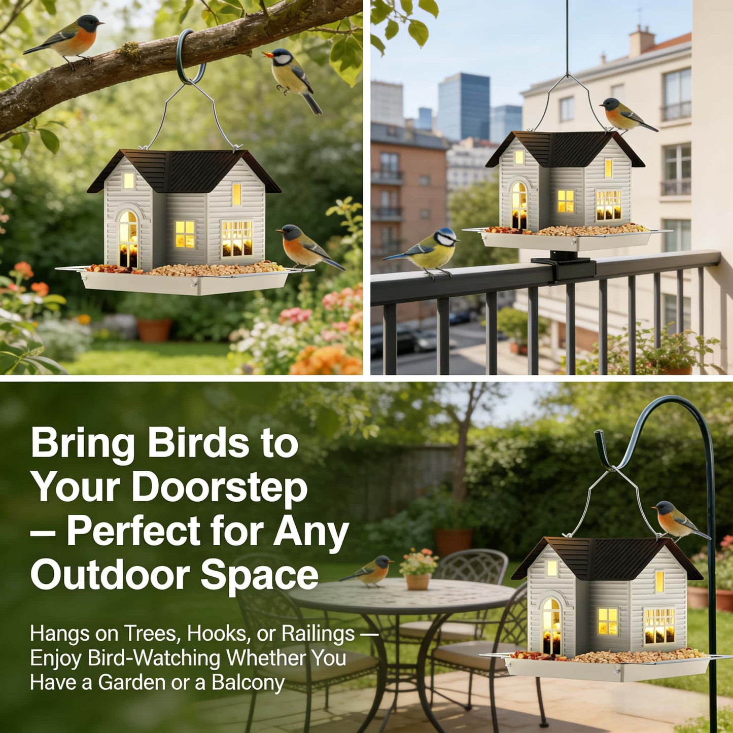 🎁 Last Day 60% OFF - 🏠Solar‐Powered Hanging Bird Feeder with Glow – Sturdy Metal Hopper Design🌙🐦