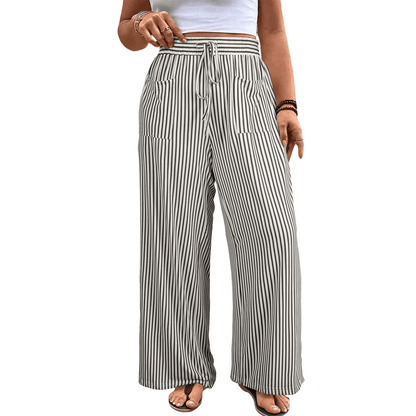 Womens Plus Size Wide Leg Pants Elastic High Waist Striped Casual Palazzo Pants Lounge Trouser with Pockets (1X-5X)